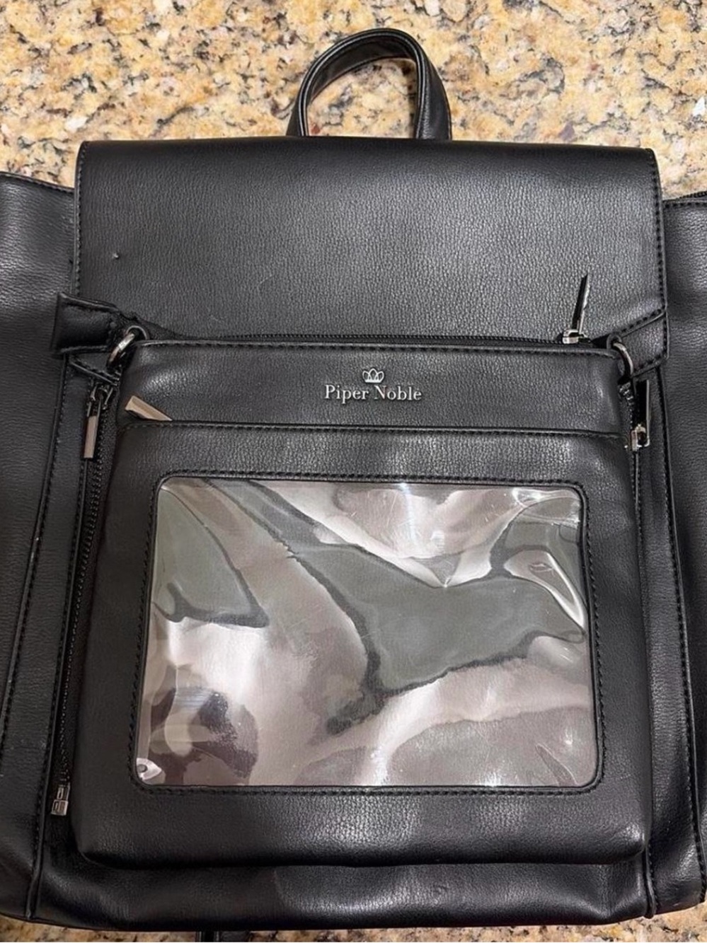 Black Leather Women's Backpack with Front ID Window